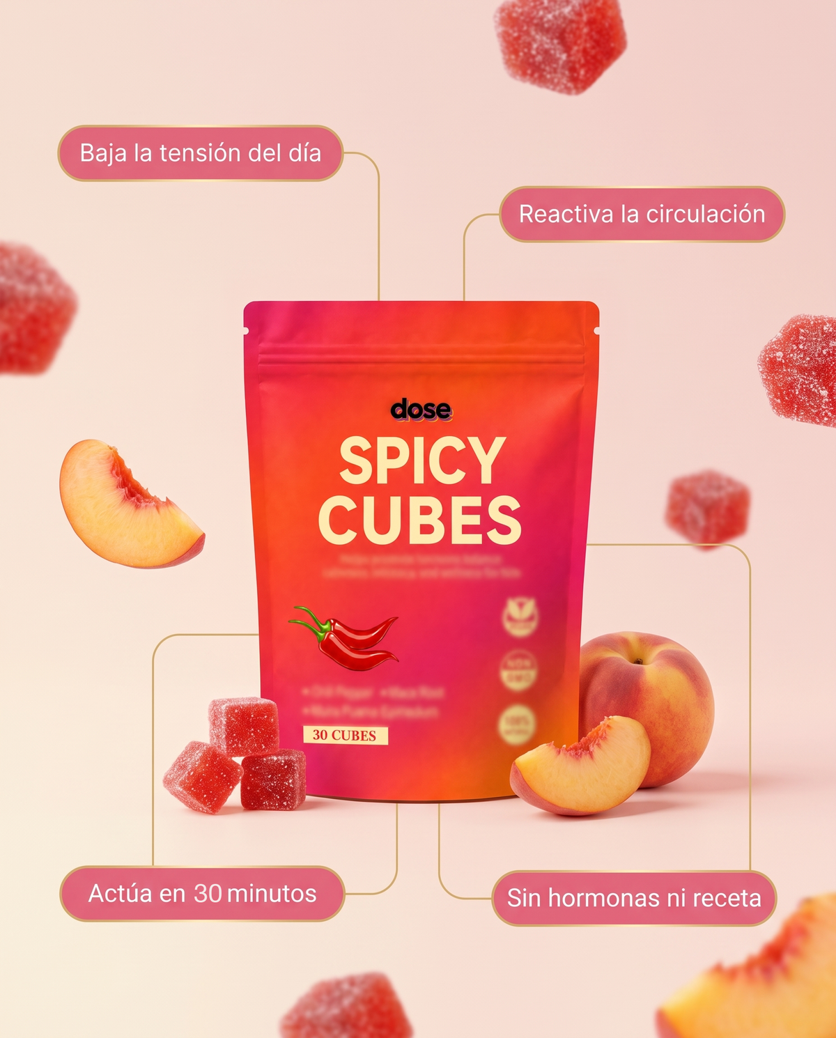 Dose Spicy Cubes: baja la tensión, reactiva la circulación, actúa en 30 minutos, sin hormonas ni receta