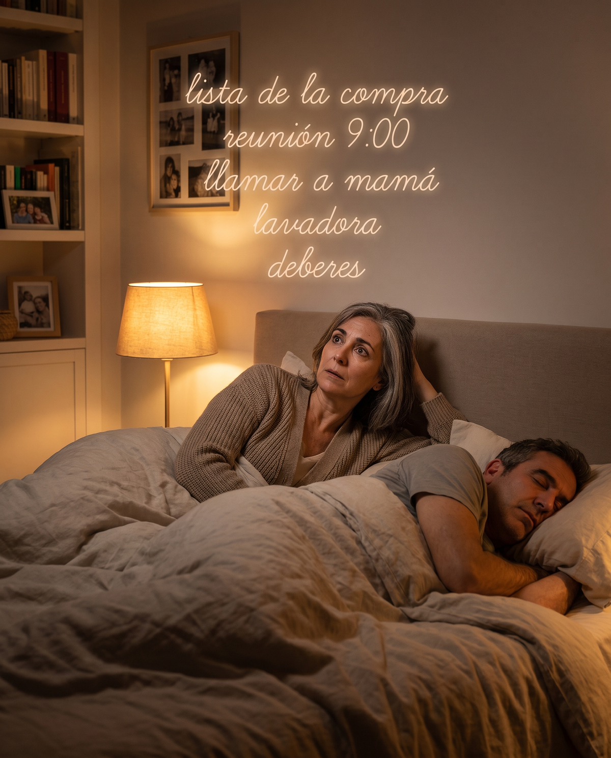 Mujer en la cama que no consigue desconectar del día